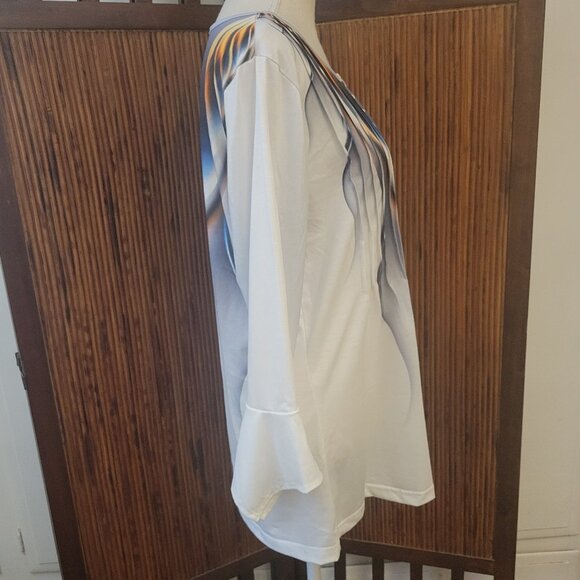 Womens XL White Blue Button Neck Pullover Stretch 3/4 Flair Sleeve Blouse Unworn - Picture 12 of 13